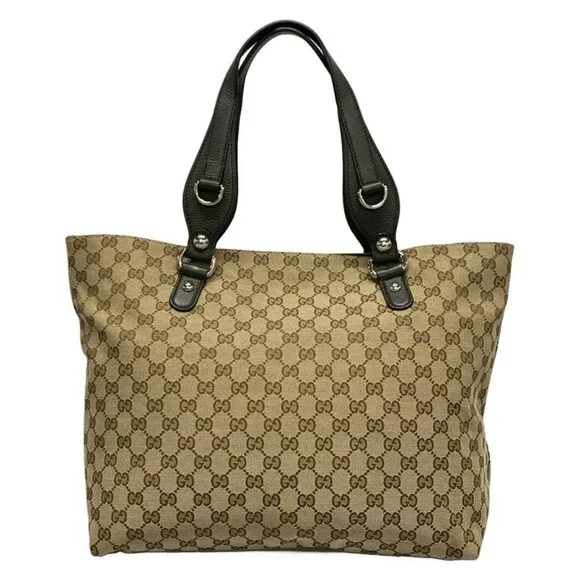 Gucci Tote GG Pattern Icon Bit Beige Dark Brown Khaki Leather - Picture 3 of 15
